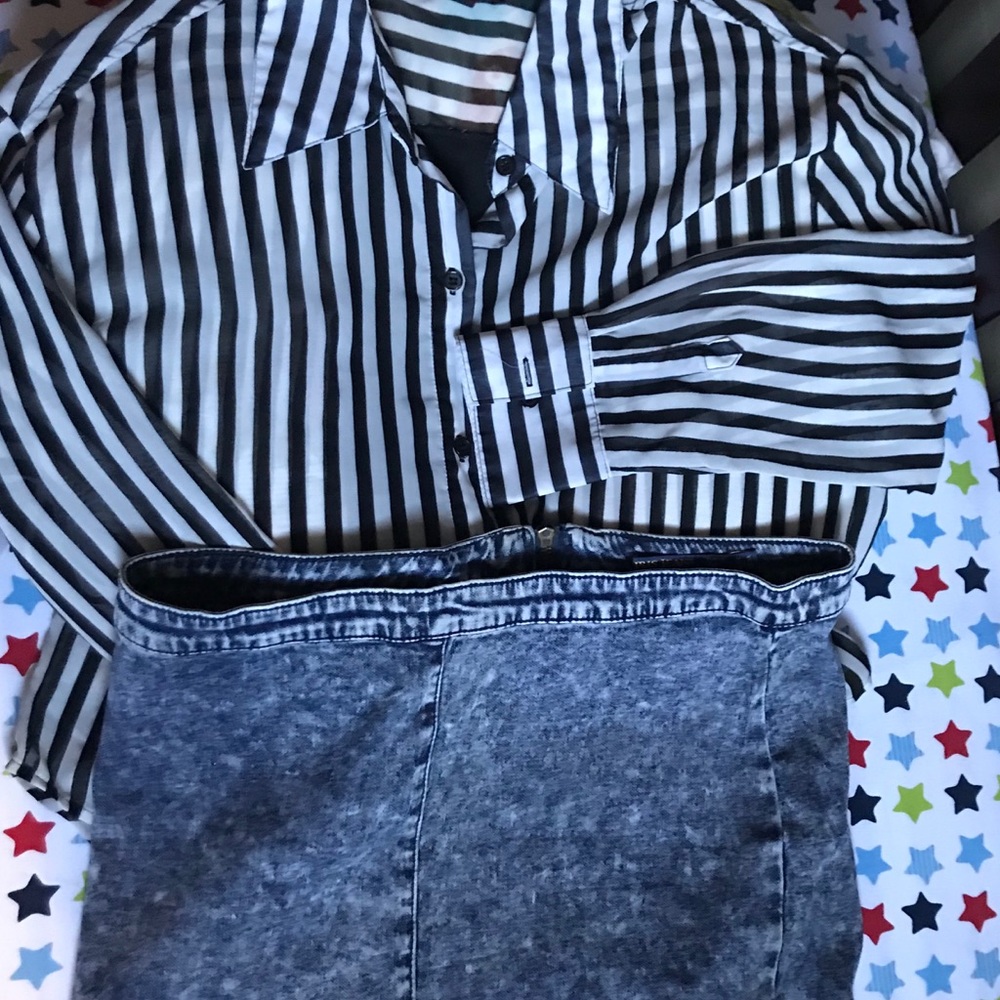 Blouse long sleeve and 3/4 iris jeans skirt